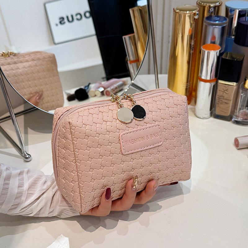 2026New Woven Texture, Premium Feel Pu Handheld Makeup Bag, Portable Cosmetic Organizer