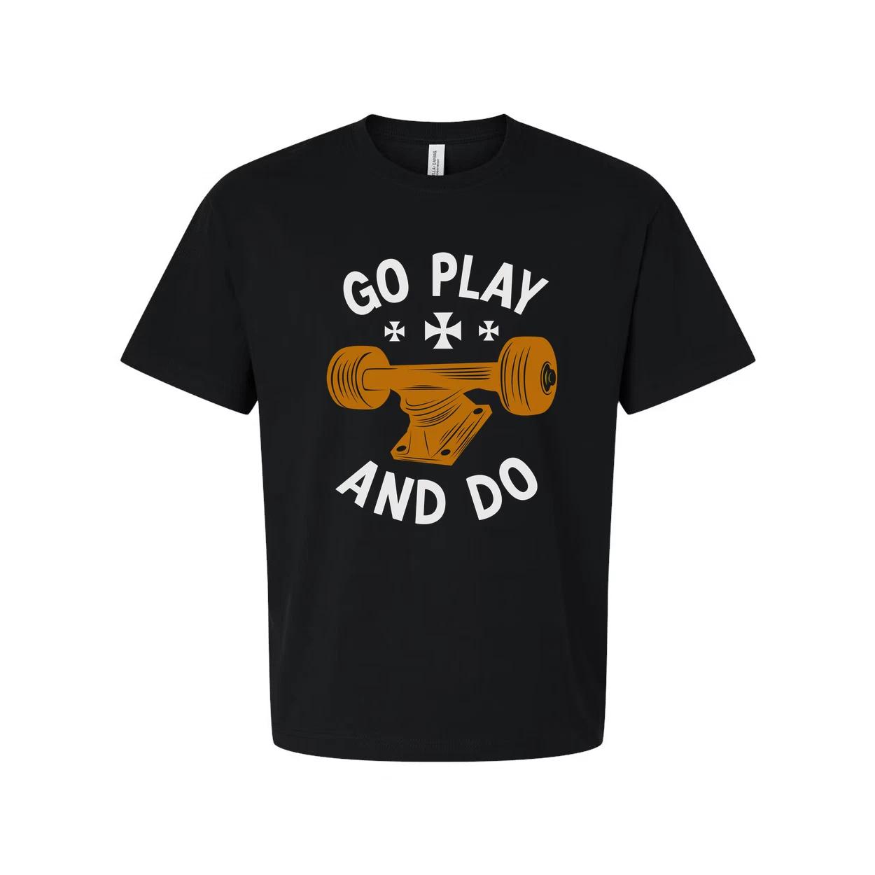 

Unisex Skateboard Graphic Tee With Orange Deck Illustration And Go Play And Do M L
