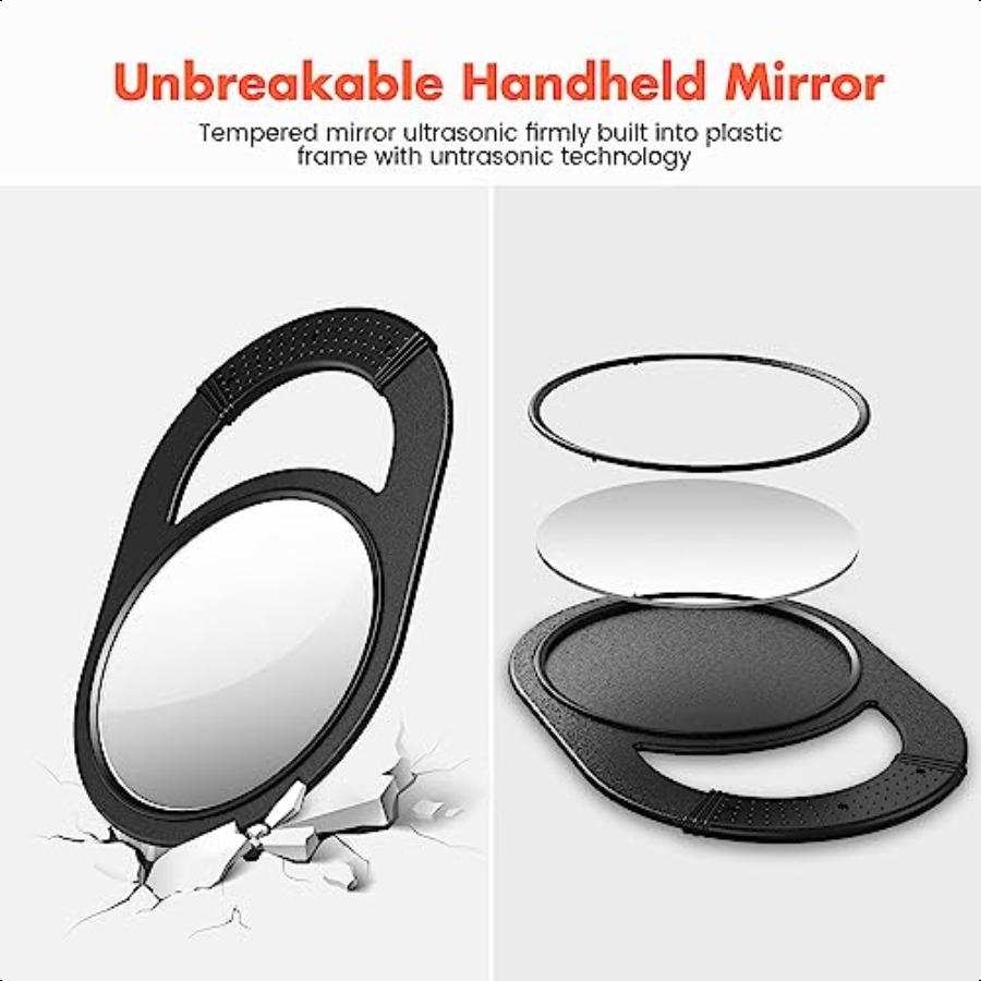Unbreakable Hand Mirror Salon Barber Mirror with Handle AntiSlip Grip for Travel Makeup Shaving Shower Black