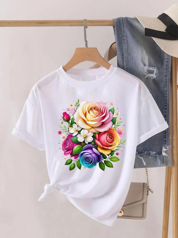 Short Sleeve Women Print Summer TShirt Fashion Clothing Graphic T-shirts Watercolor Flower Cute Clothes Lady Casual Tee