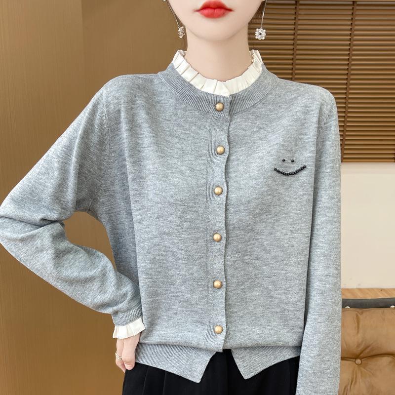 Pullover mit Rundhalsausschnitt Damen Strickjacke Herbst und Winter Holöhrchenkante Strickoberteil