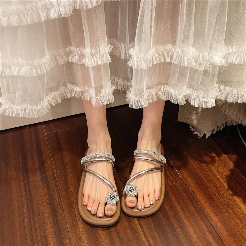 Fashion Summer Crystal Flower Toe Slipper Women's Fashion Round Head Sequin Thin Band Soft Soled Non-slip Flat Shoes
