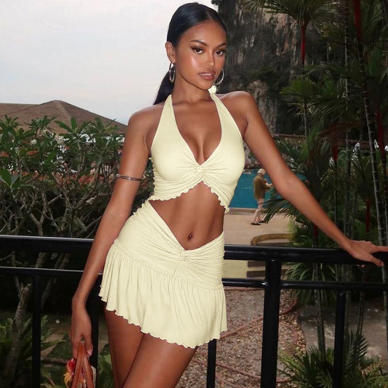 

Amazon Women clothes 2025 Summer New Fashion Sexy Twist Tie Vest Slim fit Skirt sets Apricot L