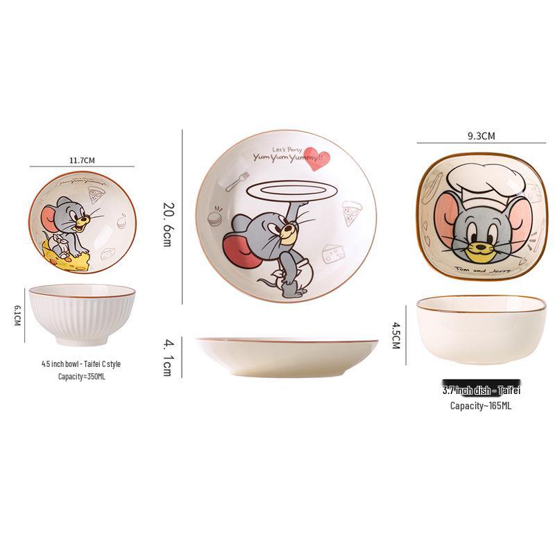 Tom & Jerry Ceramic Bowl and Plate Set: Cartoon Underglaze Color, Heat-Resistant, High-Value Tableware.