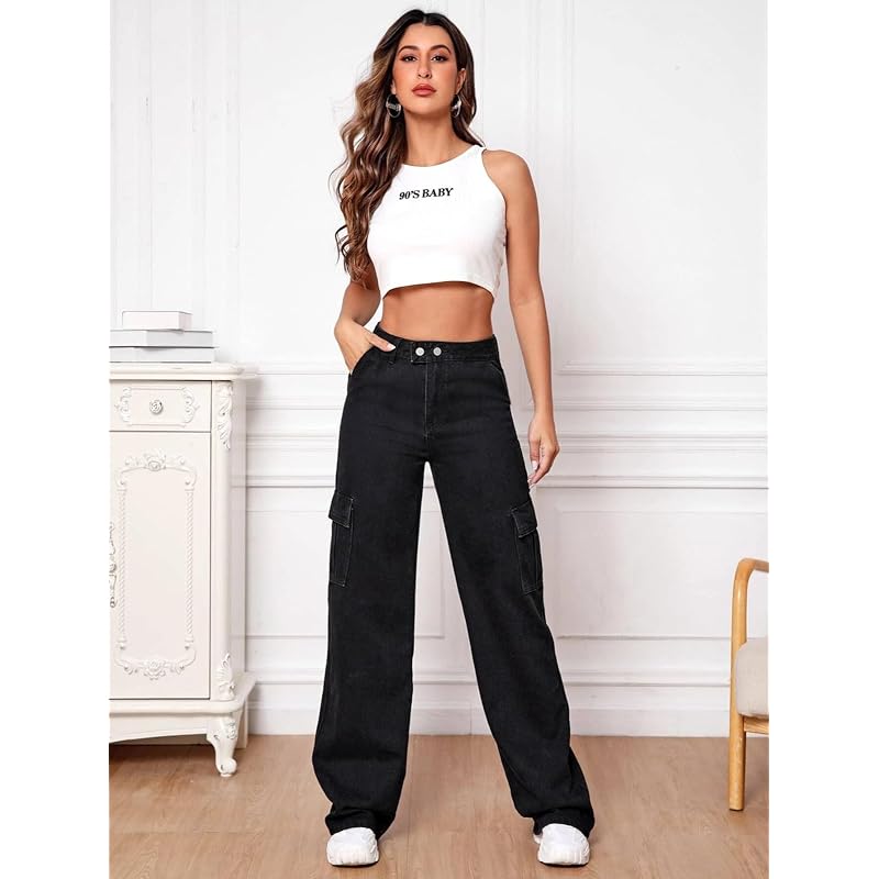 GRECIILOOKS Womens Cargo Denim Regular Fit Jeans (Black, 26)