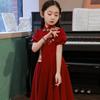 Red Chinese Style Cheongsam Dress for Girls - Floral Wedding & Piano Performance Outfit