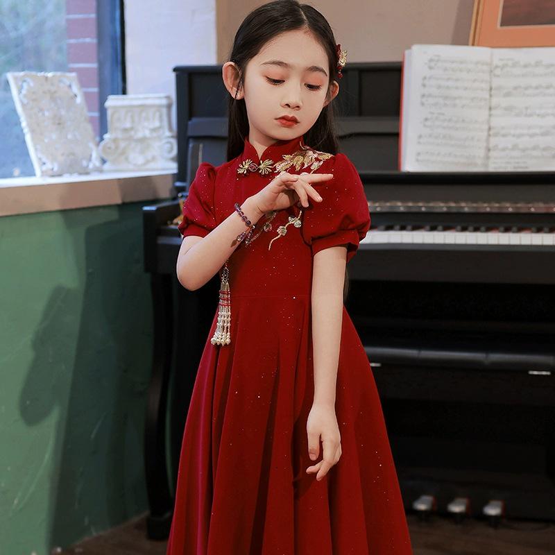 Red Chinese Style Cheongsam Dress for Girls - Floral Wedding & Piano Performance Outfit