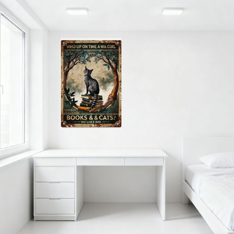 Vintage Whimsical Cat on Books Metal Sign - Gray Tabby Cat Tree Arch Retro Tin Sign for Home Cafe Bar Wall Decor, 'Who Up On Tim
