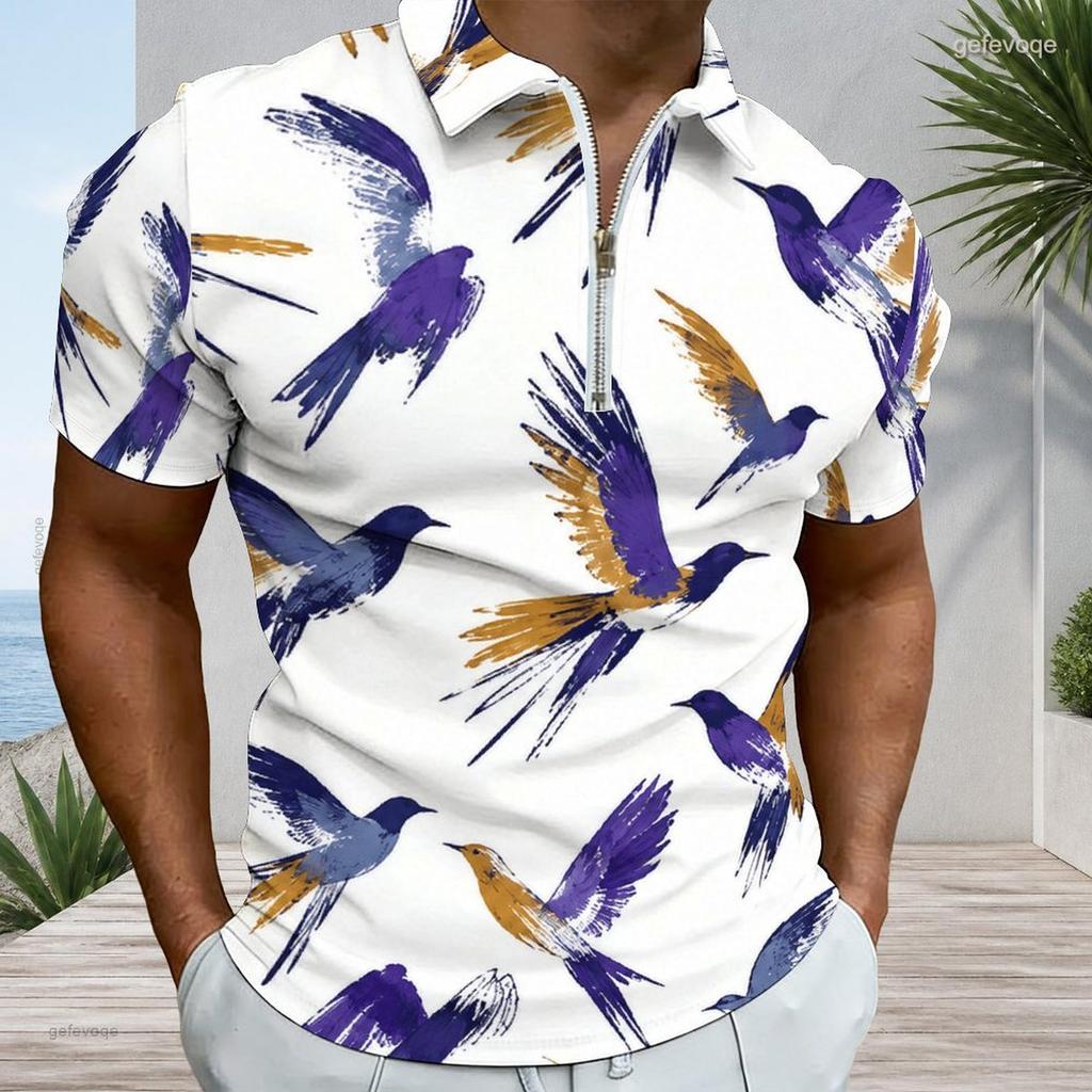 Men s Plus Size Grey Short Sleeve Quarter Zip Printed Plaid Collar Polo Shirt