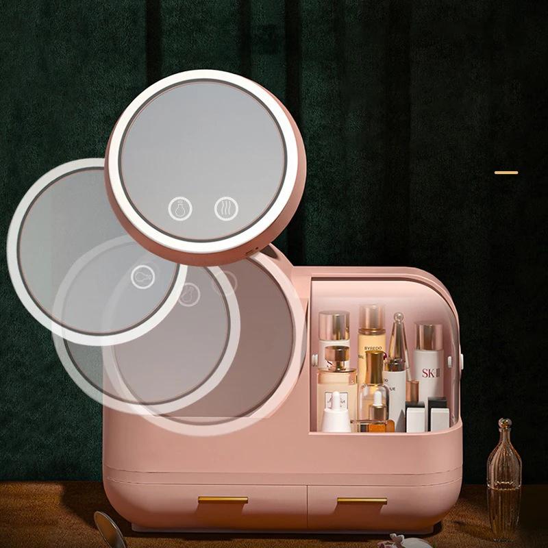 Cosmetics Storage Box 360°Rotating Mirror Surface Usb Charging Three Levels of LED Cosmetic Storage Box Desktop Storage Tools