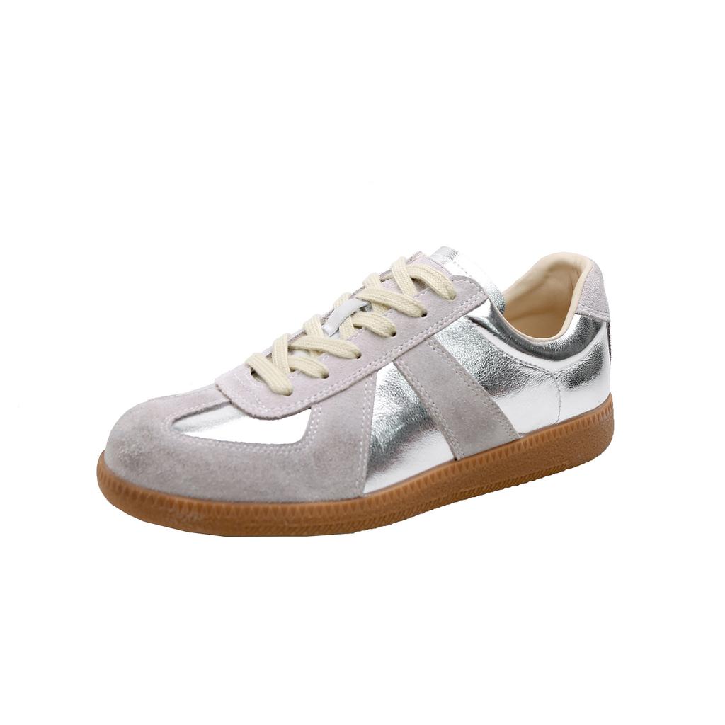 Silver Dexun shoes women's new color matching leather casual shoes inner heightening lace-up flat baseplate shoes Forrest Gump shoes