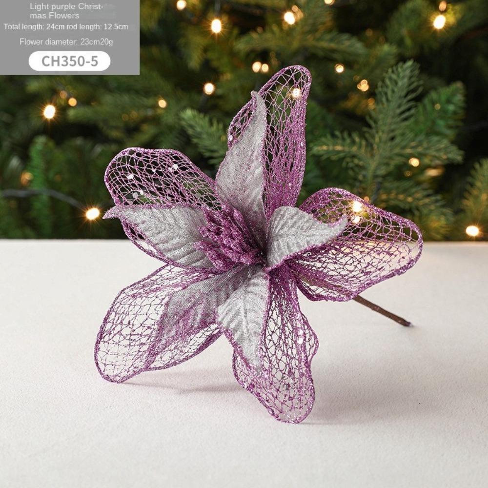 

New 23cm Poinsettia Glitter Flower DIY Fake Flowers Christmas Flowers Large Hanging Ornaments Xmas Tree Decorations фиолетовый