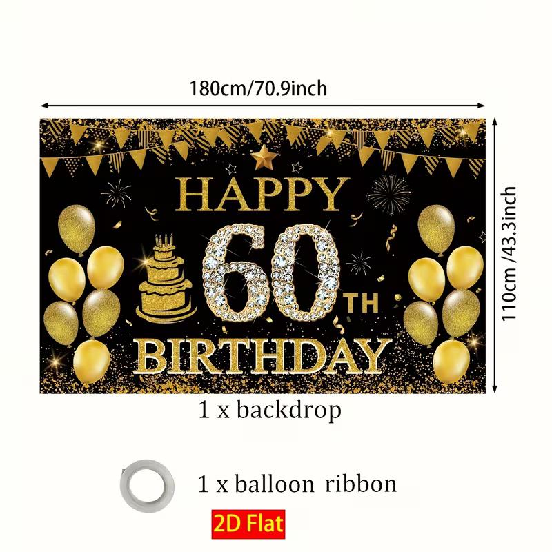 2D Black & Gold 60th Birthday Backdrop, Sparkle Diamond Themed Photography Background