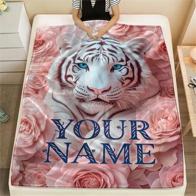 1PC Custom Name White Tiger Roses Patterned Flannel Blanket Suitable For All Seasons for Home Decor Warmth and Comfort Gifts Holiday Present_lx