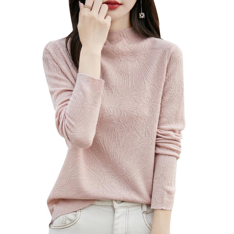 Women's Korean-Style Wool Knit Sweater - Autumn Collection, Half-High Neck, Carved Design