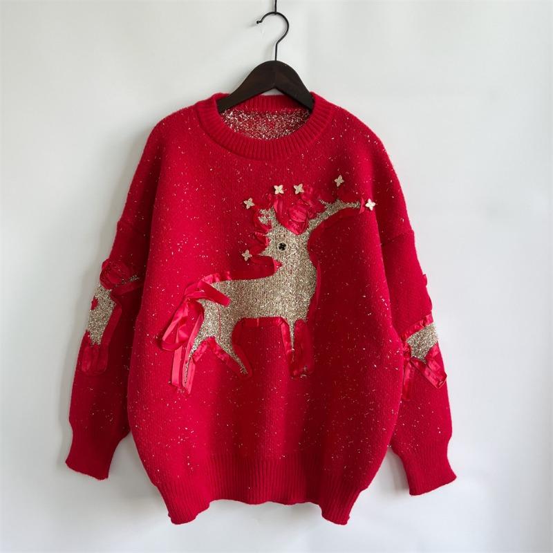 New Autumn/winter Christmas Sweater Women's Ribbon Gold Thread Jacquard Deer Round Neck Thick Knit Pullover