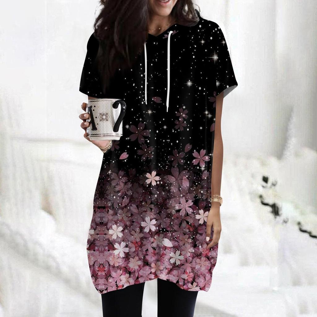 Women's Hoodies Casual Short Sleeve Shirts Fashion Print Tunic Tops With Pockets