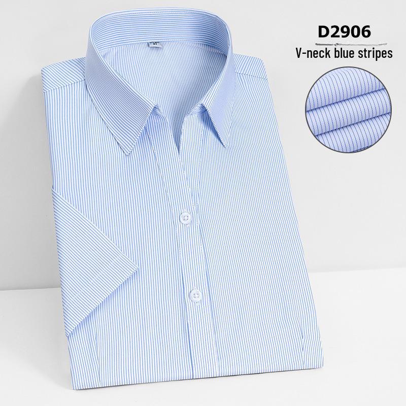 Camisa Social Feminina Slim Fit de Manga Curta - Branca com Listras Azuis, Sem Ferro, Gola V.