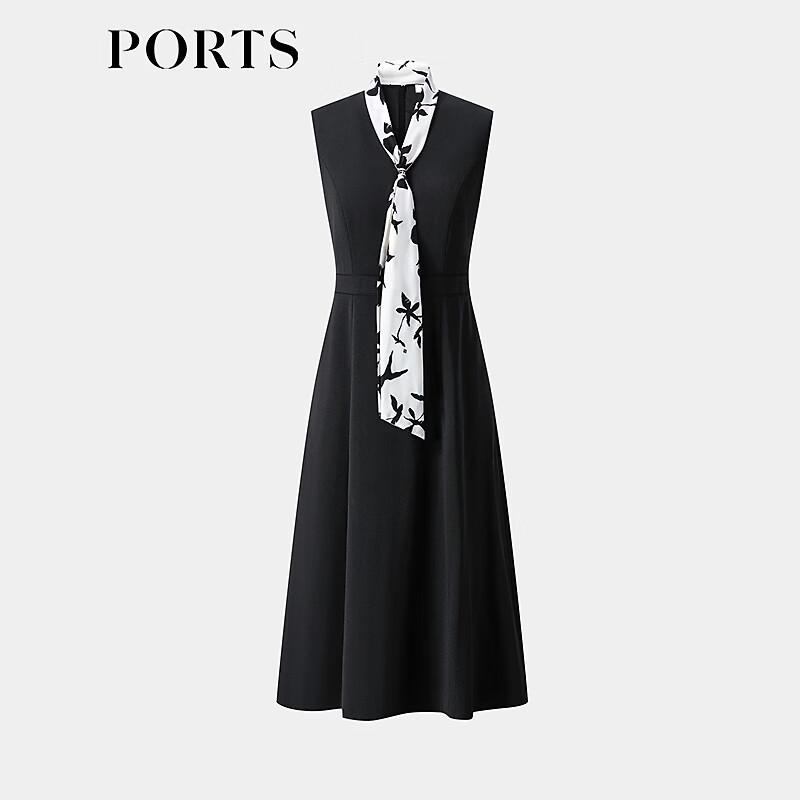 PORTS Women's Black Printed Scarf-Trim Dress