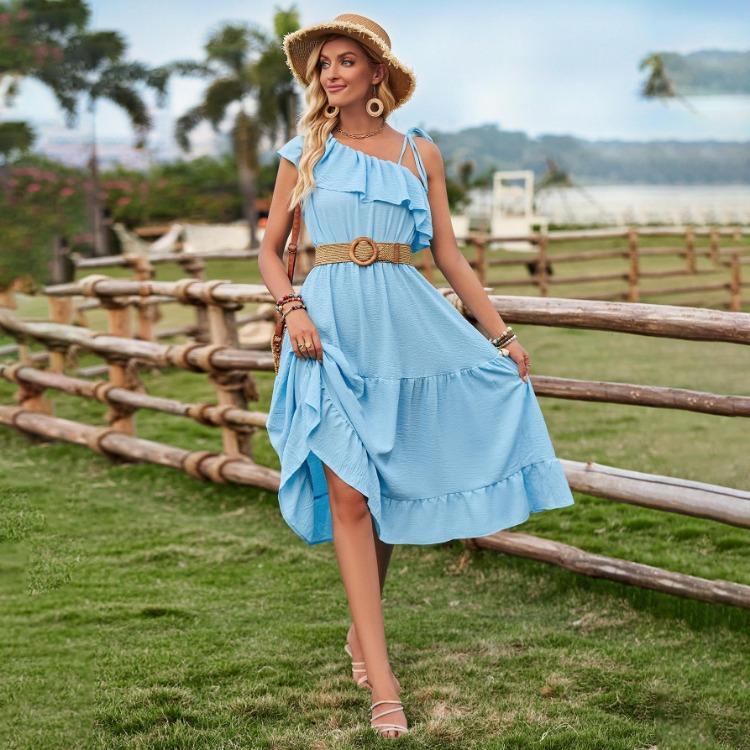 Casual Summer Dress Women Solid Color High Waist Sleeveless A-Line Ruffled Strap Slanted Shoulder Middle Long Dresses Spring S-XL Fashion Trendy