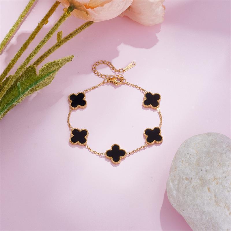 Pulseira de Trevo de Quatro Folhas da Sorte Dupla Face em Ouro 18k com Madrepérola