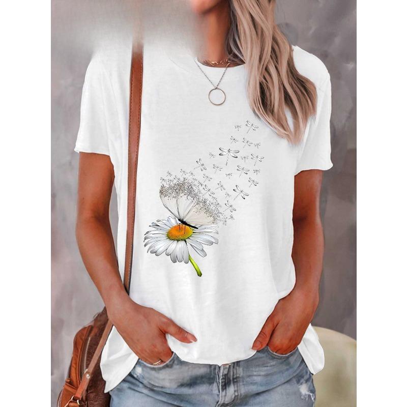 Европейские размеры Футболка с коротким рукавом с принтом Ключевые слова: Уникальная Ромашка и Стрекоза S белый
