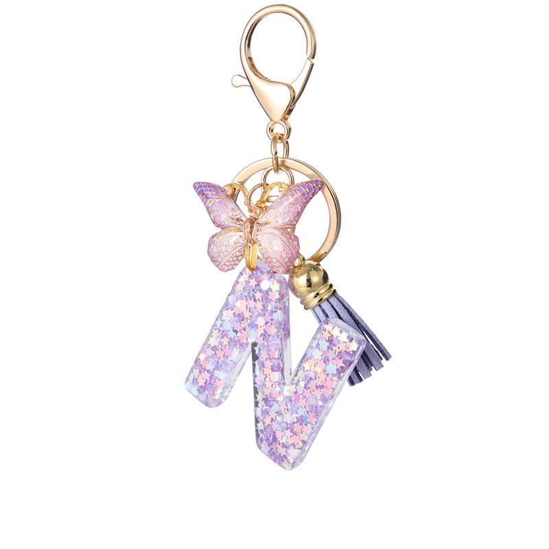 A-Z Harzbuchstaben Schlüsselanhänger mit Schmetterling Quasten Anhänger für Damen Taschen