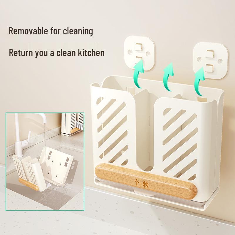 Wall-Mounted Chopstick & Spoon Holder: Cream Style, No-Punch Installation, with Drainage Function