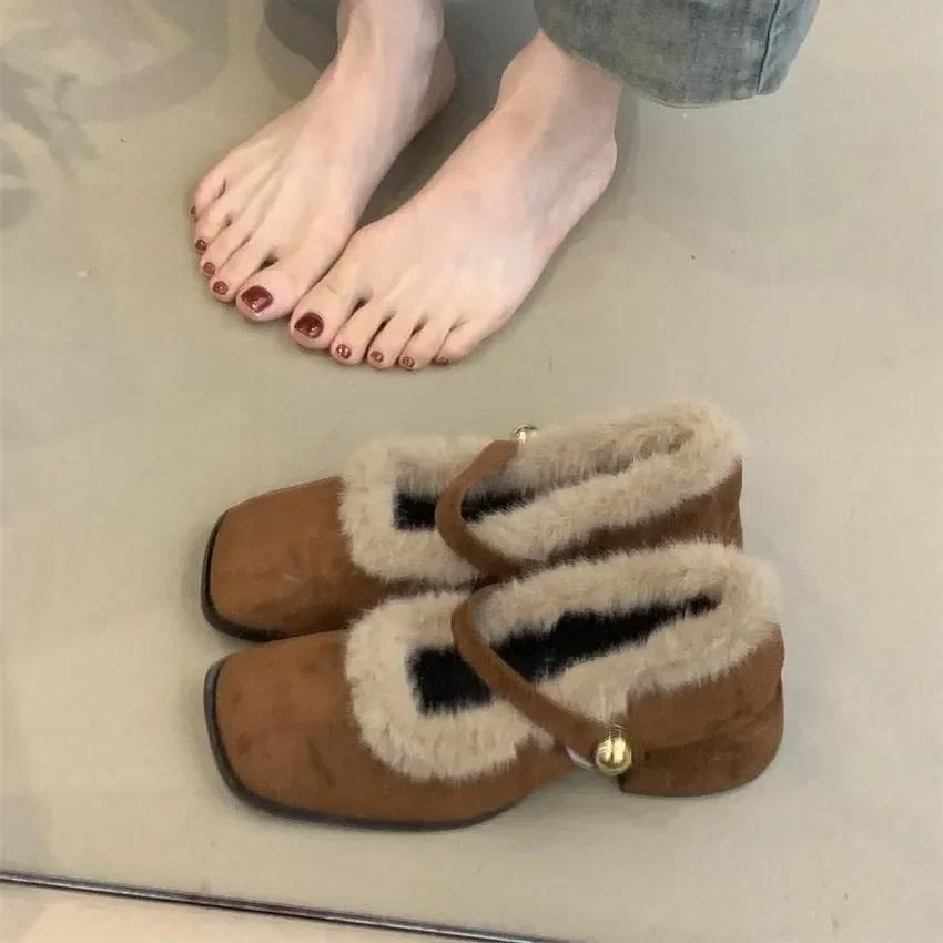 Fashion Coarse Heel Bag Head Mary Jane Shoes 2025 New French Temperament Elegant Suede Word Plush Lazy Fluffy Shoes