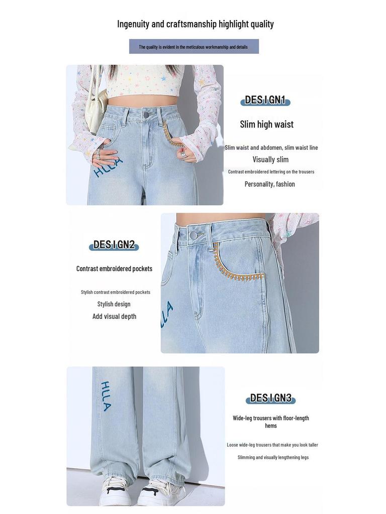 Korean Embroidered Jeans for Women - 2025 Spring/Summer Collection: Loose, Slim, Straight-Leg Design