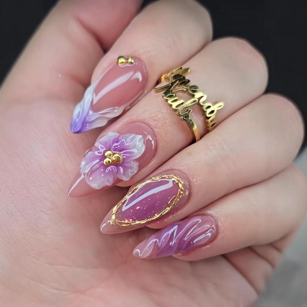3D Cross French Relief Flower Nail Art with Gold Beads - Almond Fake Nails with Glue