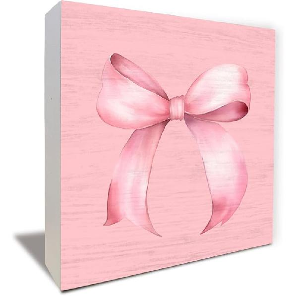 Pink Bow Coquette Wooden Box Sign, Coquette Room Decor, Dorm Room Essentials for Girls, Girly Ribbon Bow for Girls Room Dorm College Bedroom Desk