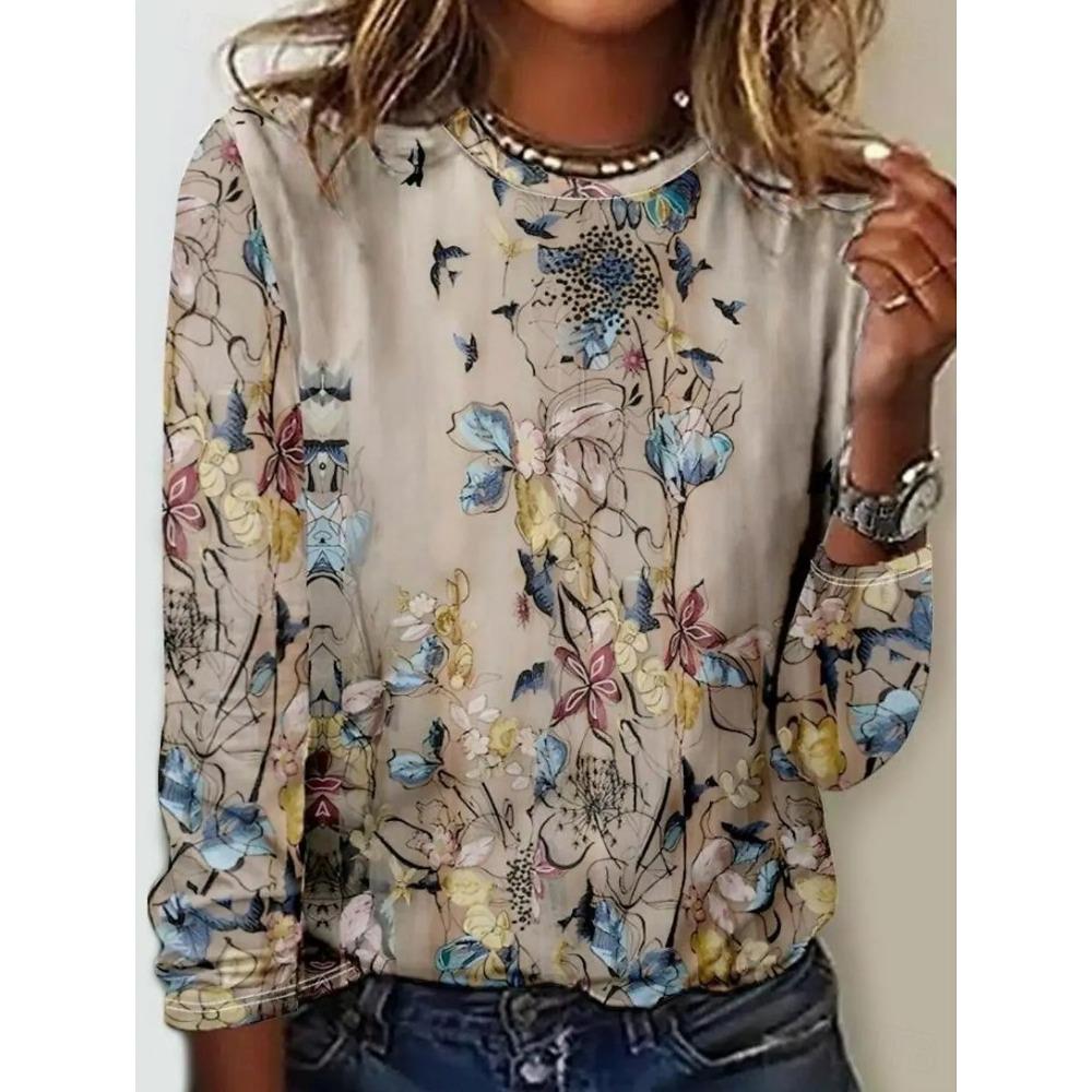 Spring and Autumn Round Neck Vintage Flower Graphic 3D Printed Top Fashionable Casual Long Sleeved Women's T-shirts