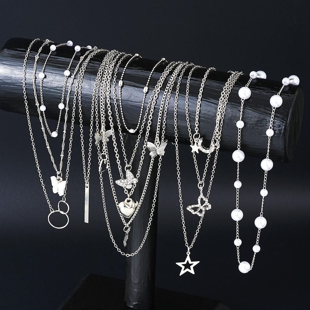 11pcs Simple Heart Butterfly Moon Pendant Necklaces For Women Elegant Silver Color Star Crystal Imitation Pearl Jewelry Set 2026