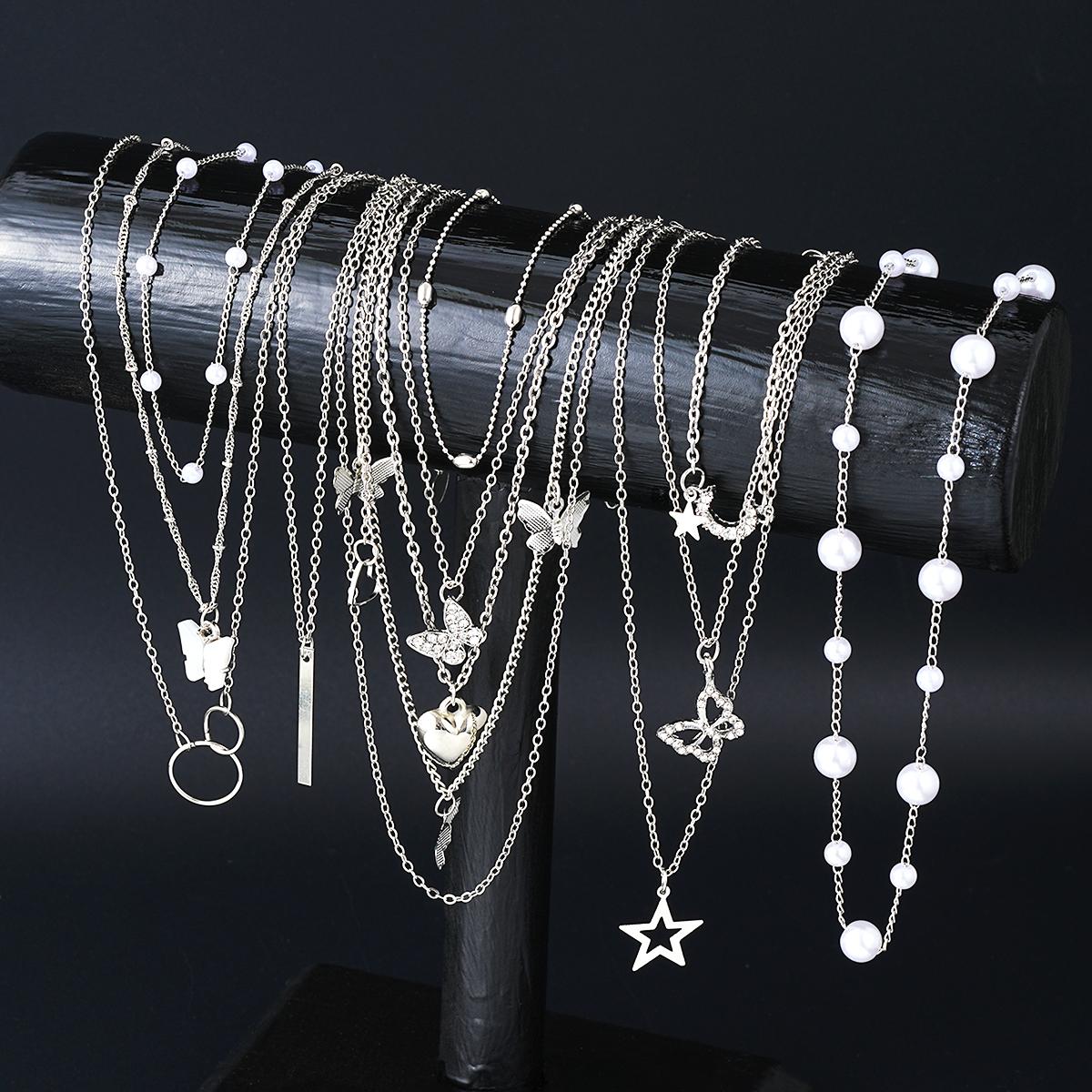 

11pcs Simple Heart Butterfly Moon Pendant Necklaces For Women Elegant Silver Color Star Crystal Imitation Pearl Jewelry Set 2026