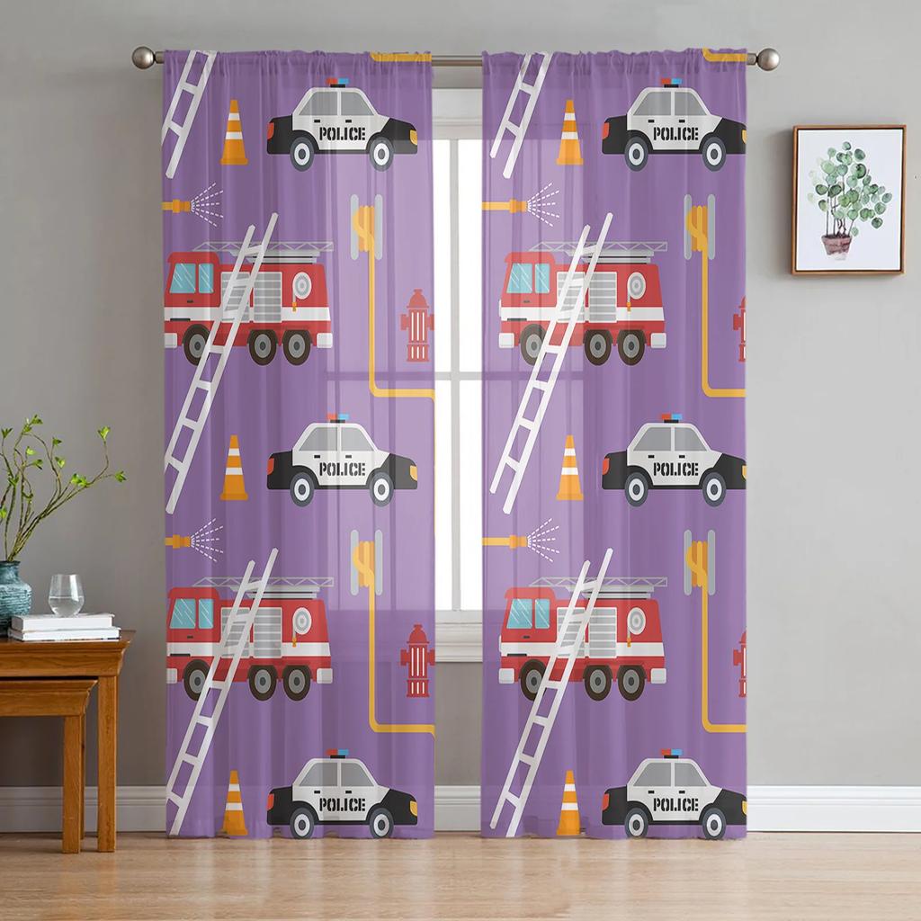 Cartoon Fire Truck Ambulance Police Car Tulle Curtains Living Room Decoration Chiffon Voile Kitchen Bedroom Curtain With Light Filtering Polyester