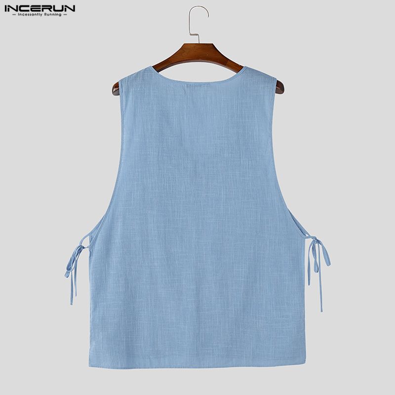 INCERUN Men V Neck Sleeveless Side Lace-up Thin Casual Loose Long Tank Tops