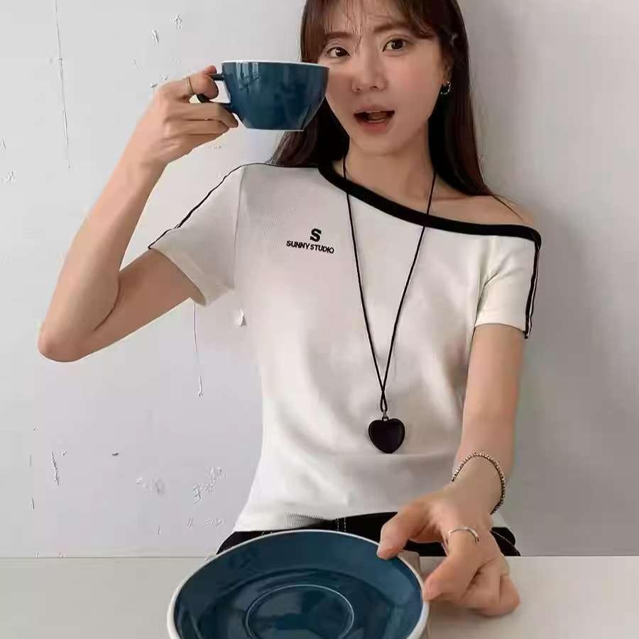 Harajuku algodón Camisetas de Mujer verano manga corta Cuello inclinado casual sexy estampado de letras Camiseta ajustada Señoras y2k Tops cortos Ropa