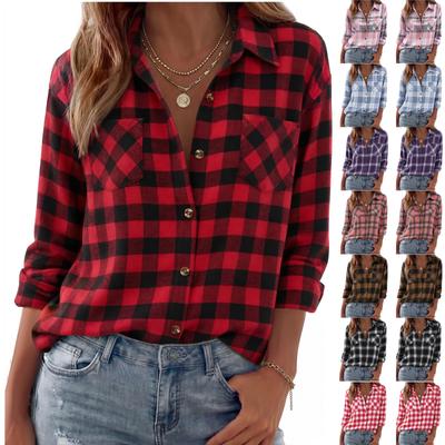 Chaqueta Camisa Casual a Cuadros de Manga Larga Abierta por Delante para Mujer con Cuello