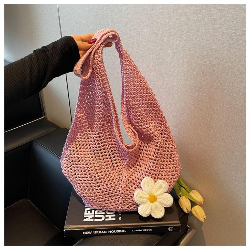 Large capacity flower cotton thread hollow tote bag women's new seaside vacation beach woven shoulder bag