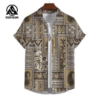 Letnia Moda Styl Bohemy Patchworkowy Nadruk Bluzki Męskie Krótki Rękaw Casualowa Koszula Bluzki Wakacje Podróże Koszule Oversize