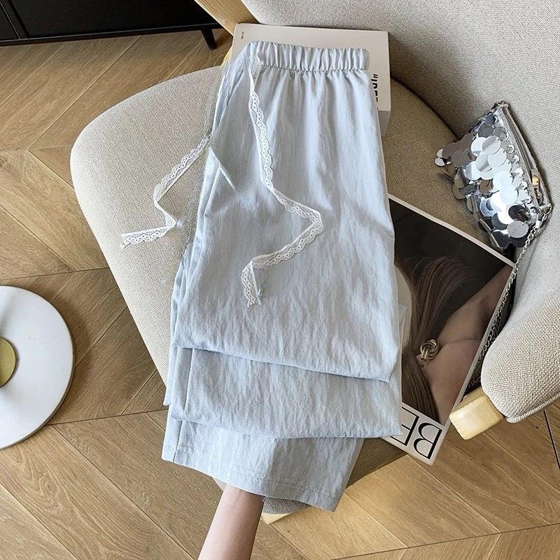 

Женские летние брюки-дофамин из кружева на кулиске, зауженные, с широкими штанинами - Драпированные, облегающие, прямые, повседневные брюки M