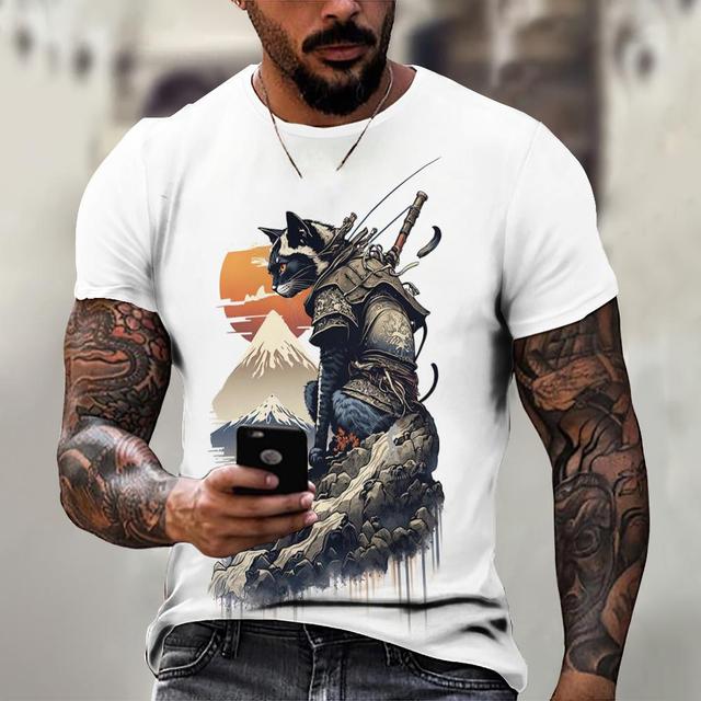 Animal T-Shirts For Men Summer Short Sleeve Tee Japanese Samurai Pattern Print Oversized Clothing Fashion Casual Streetwear