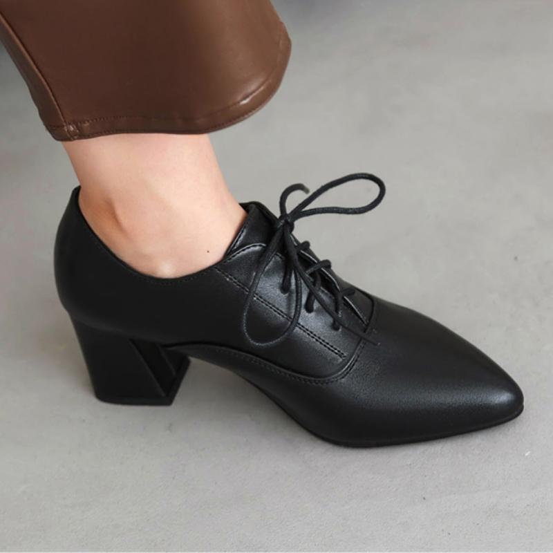 Elegant Women's Low Heels Loafer Shoes Fashion Lace-up Black Khaki Nude Short Heeled Party Wedding Office Shoes Female Big Size