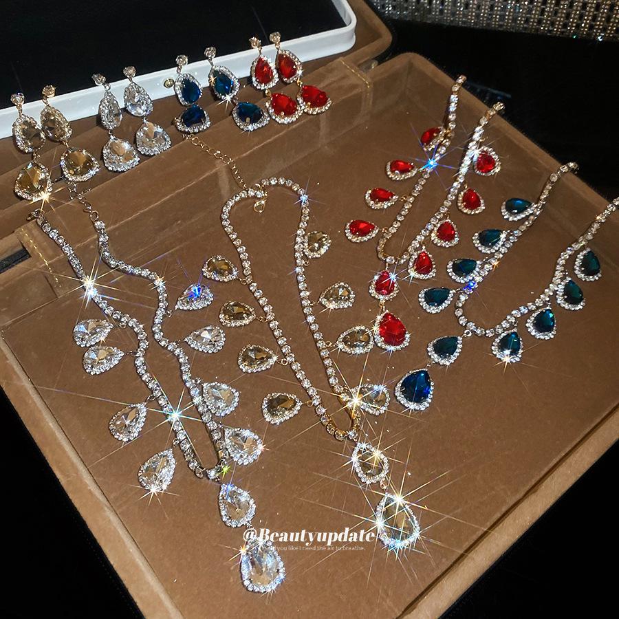 Elegant Rhinestone Tassel Geometric Water Drop Necklace & Earring Set