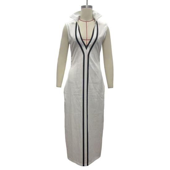 Ärmelloses Damenkleid Stehkragen V-Ausschnitt Langes Kleid Lockere Passform Polyester Elegantes Kleid mit geometrischen Mustern Bedruckt Tägliches Outfit