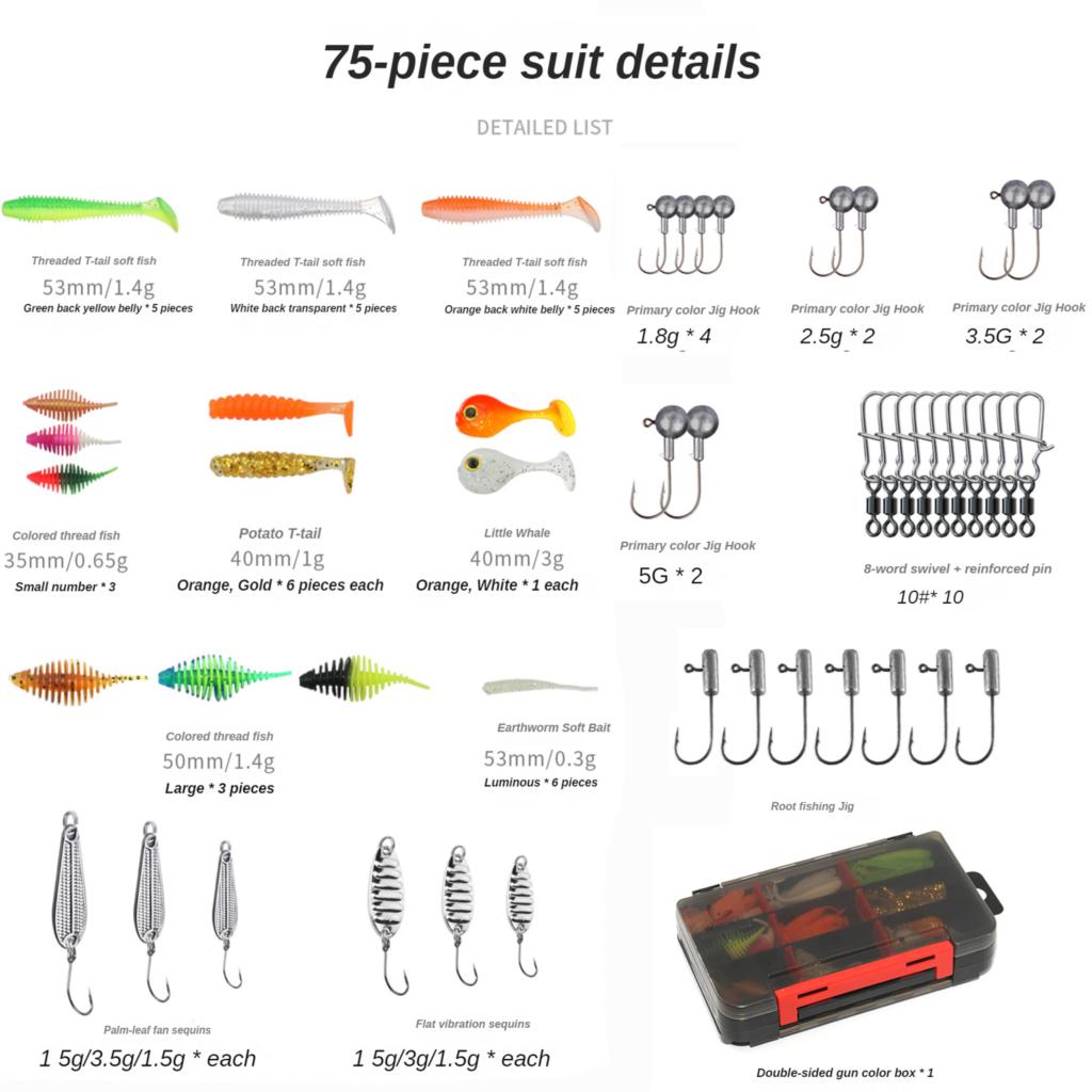 75/35pcs/Set Lure Boxed Soft Bait Perch Warbler Fish Worms Lure Threaded Curly Tail Maggot Bionic Bait Fake Baits Jig Head Hooks 260319