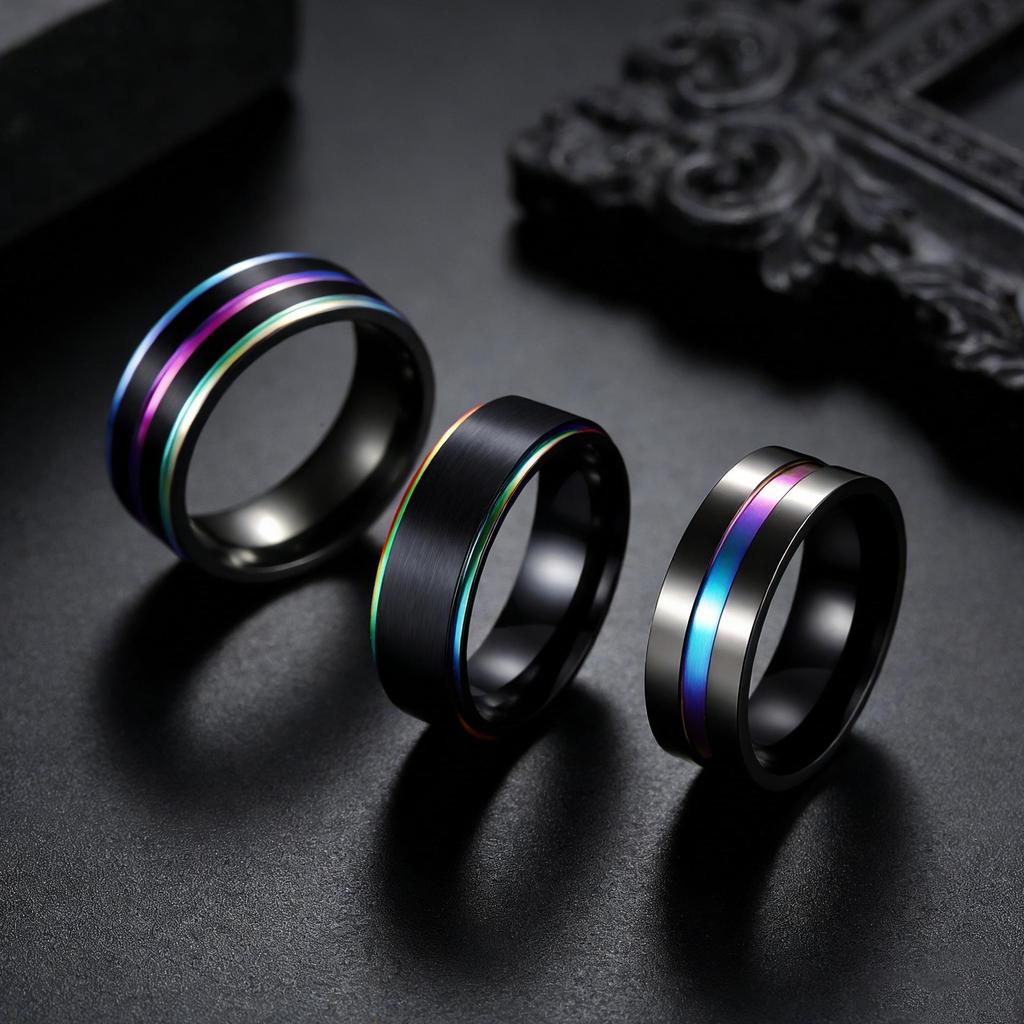 Europäisch-Amerikanische Mode Schwarz & Farbe Durchsetzt Titanstahl Mattierter Ring Schmuck