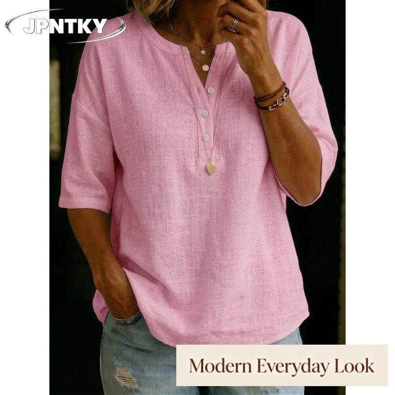 JPNTKY Women's Fashion Casual Solid Color Print V-Neck 1/2 Sleeves Blouses & Shirts