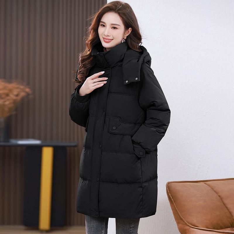 

Женский стильный пуховик средней длины 2024 года для женщин среднего и пожилого возраста - Теплое зимнее пальто из пуха белой утки XL (130-140 lbs) чёрный